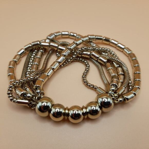 Snake Chains Seven Strand Stretch Bracelet, Large Beads, Gold Tone - Picture 7 of 8